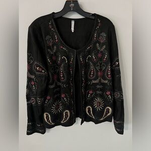 Vintage Monoreno Embroidered Black Bohemian Bolero Faux Suede Jacket Floral Boho